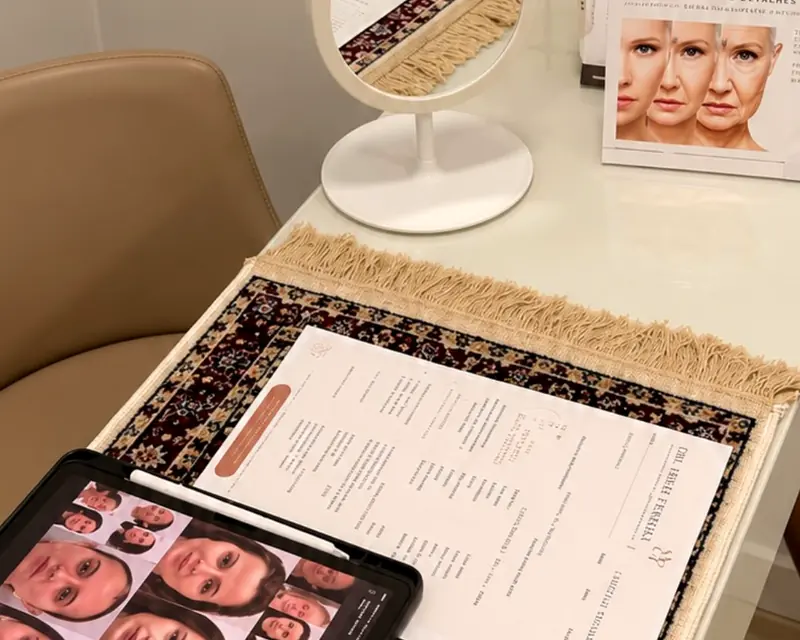 Mesa da consulta com espelho, ficha de planejamento e análise do rosto no tablet